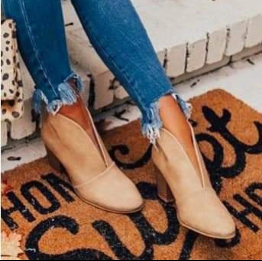 Tan peek-a-boo heeled booties